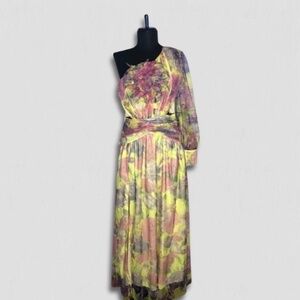 Vintage One Shoulder Maxi Dress Floral Appliqué Cut out Design Yellow/Pink sz M
